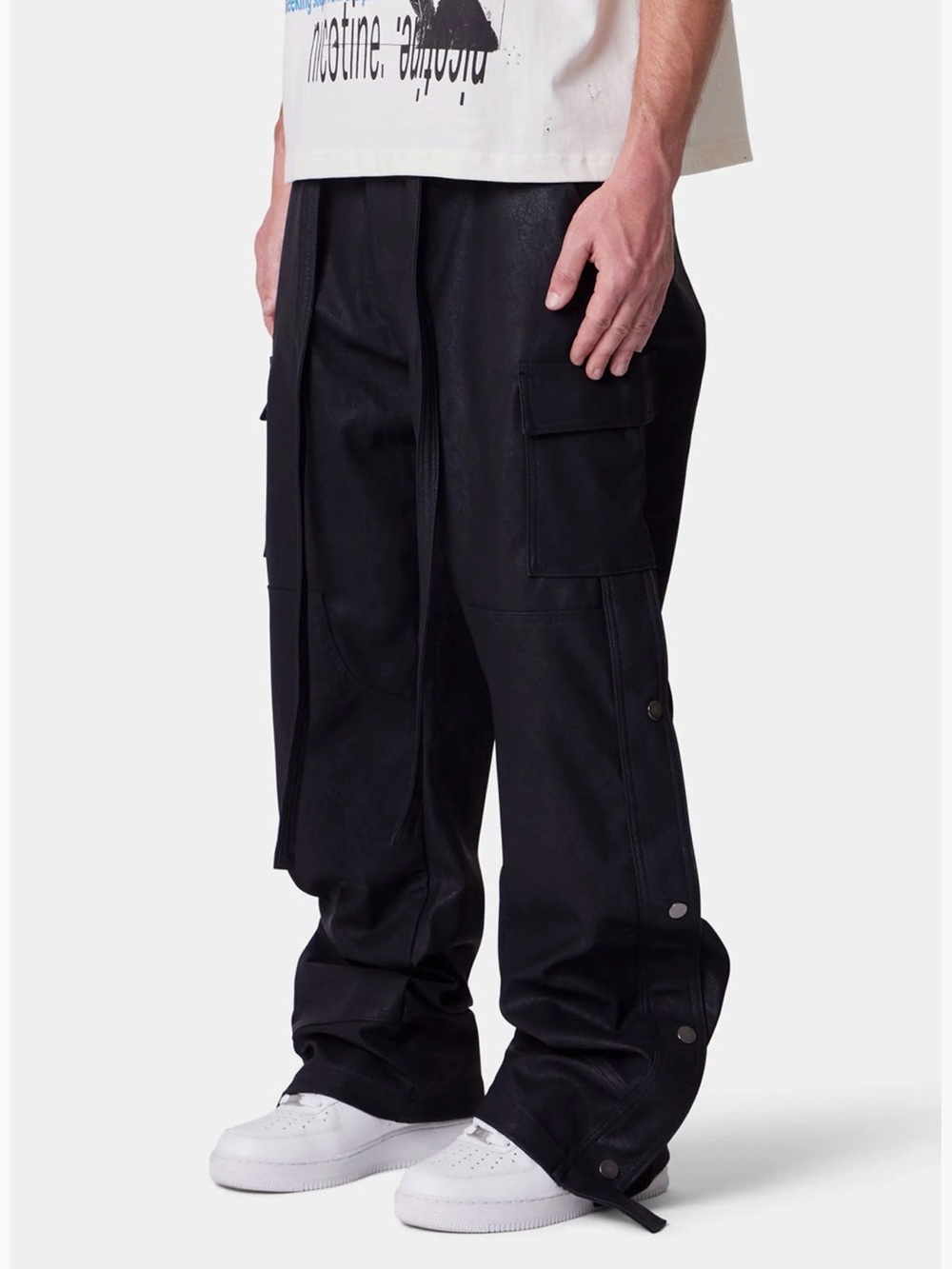 Mnml Ultra Baggy Side Snap Faux Leather Cargo Pants